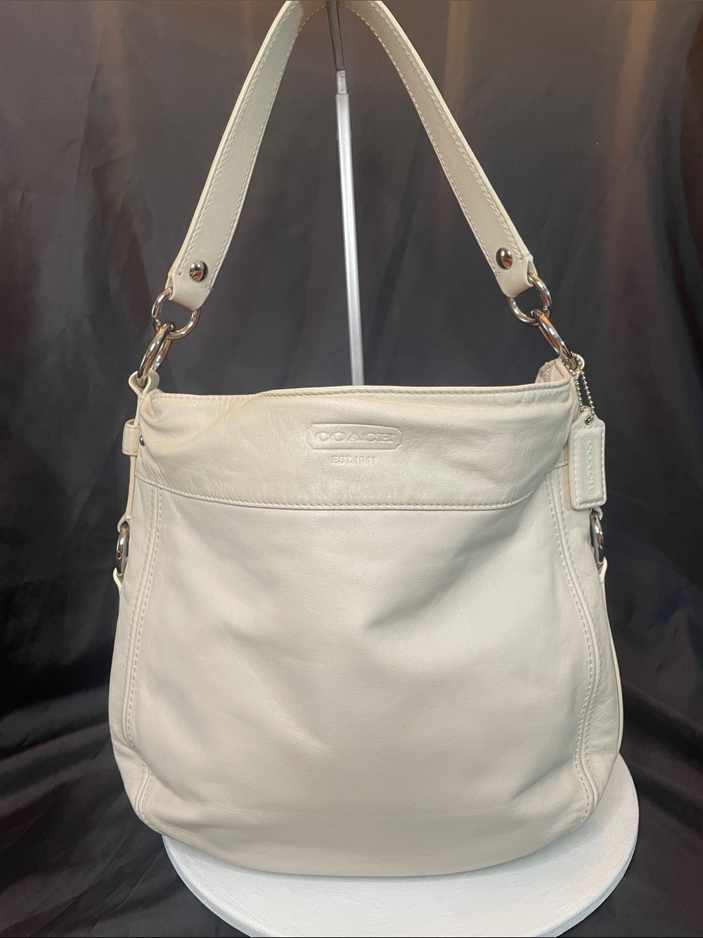 Coach Zoe Cream Leather Shoulder Bag with Polished Hardware